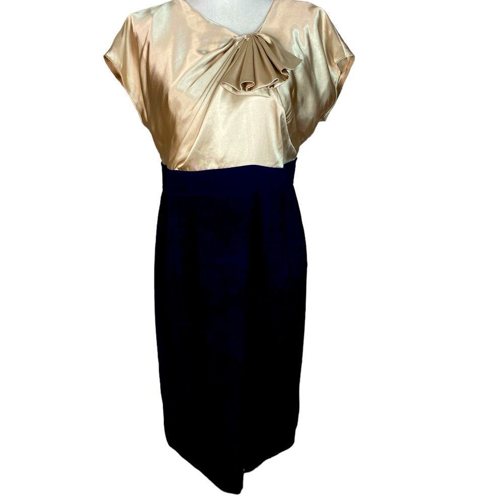 Jones Wear Dress Wm’s Sz 10 Gold Silky Bow Top Black Pencil Skirt Dress